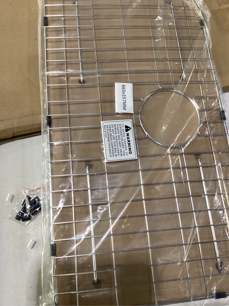 Condition photo showing New/Like New for Sink Grid 26" X 14 1/16", Kitchen Sink Grid, Sink Protectors for Kitchen Sinks, Stainless Steel Material, Sink Bottom Grid with Rear Drain for Single Bowl (26" X 14 1/16") 26" X 14 1/16" with Rear Drain