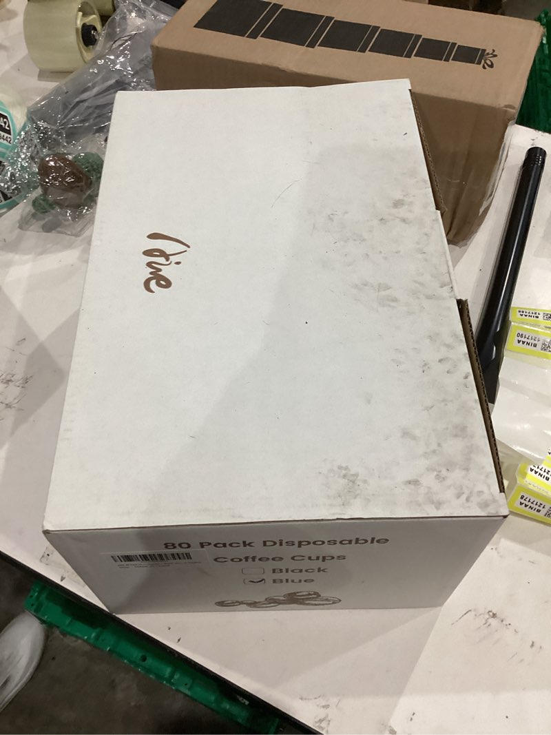Condition photo showing New/Like New for AIRE 80 Pack Coffee Cups with Lids 16 oz Disposable Coffee Cup for Hot and Cold Drinks, To Go Coffee Cup with Lids, Straws, Insulated Paper Cup Set for Home, Office, Travel, Cafe, Blue Blue 16 Ounces