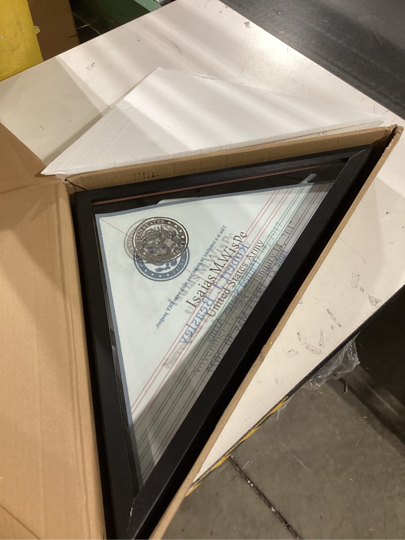 Condition photo showing As Is for Personalized DIY Flag Case for Burial Flag by Yourself, Glass Front Black Display Case for Memorial 5'x9.5' Flag, Custom Name Wood Shadow Box for Military, Metal Letters and Logo Stickers Wall Mounted