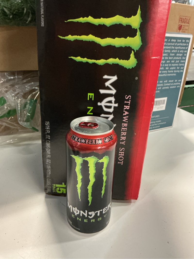 Condition photo showing Good Condition for monster energy strawberry shot, green, original, energy drink, 16 ounce (pack of 15)