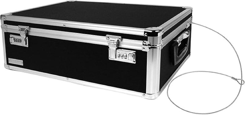 vaultz storage lock box - 6.5 x 23 x 13.5 inch - secure dorm storage trunk with combination lock - ideal for briefcase, medicine, and personal items - store cash, laptop - black/silver