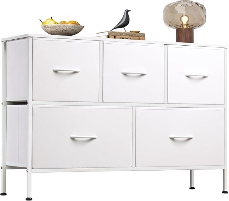 WLIVE White Dresser for Bedroom with 5 Drawers, Chest of Drawers, Fabric Small Dresser with Drawer Organizers, Storage Organizer Unit for Hallway, Entryway, Closets
