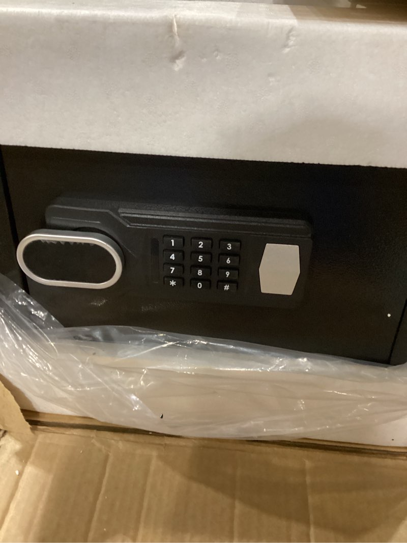 Condition photo showing Good Condition for 1.8 cubic feet small fire safe box for home, fireproof lock box, security money safe with digital keypad, spare keys and removable shelf, personal home safes for money, jewelry, id documents 1.7 cubic feet