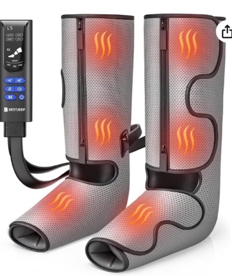 air compression leg massager with heat : foot and calf massager for circulation and pain relief - 9 intensity, 4 modes, 3 heating, vibration, for sitting/standing jobs & home use