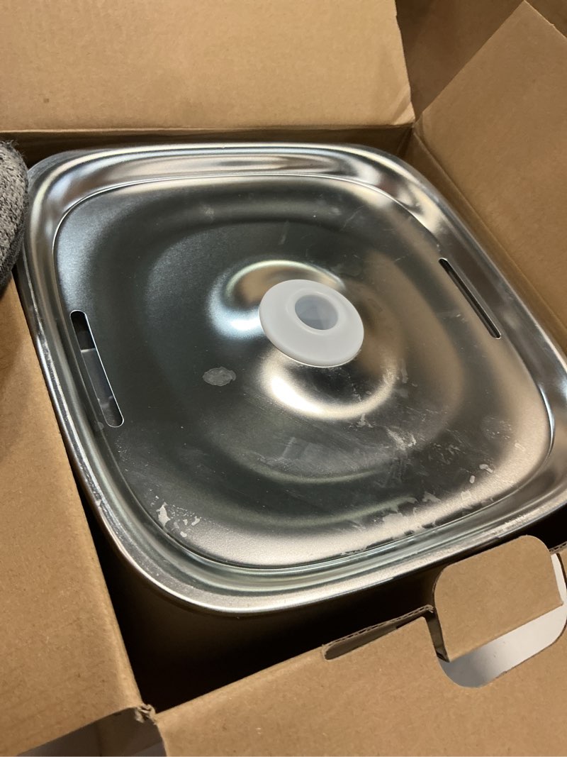 Condition photo showing As Is for veken innovation award winner 95oz/2.8l cat water fountain with stainless steel lid, automatic pet fountain dog water dispenser with replacement filters for cats, dogs (silver, stainless steel) silver+2 filters+2 sponges