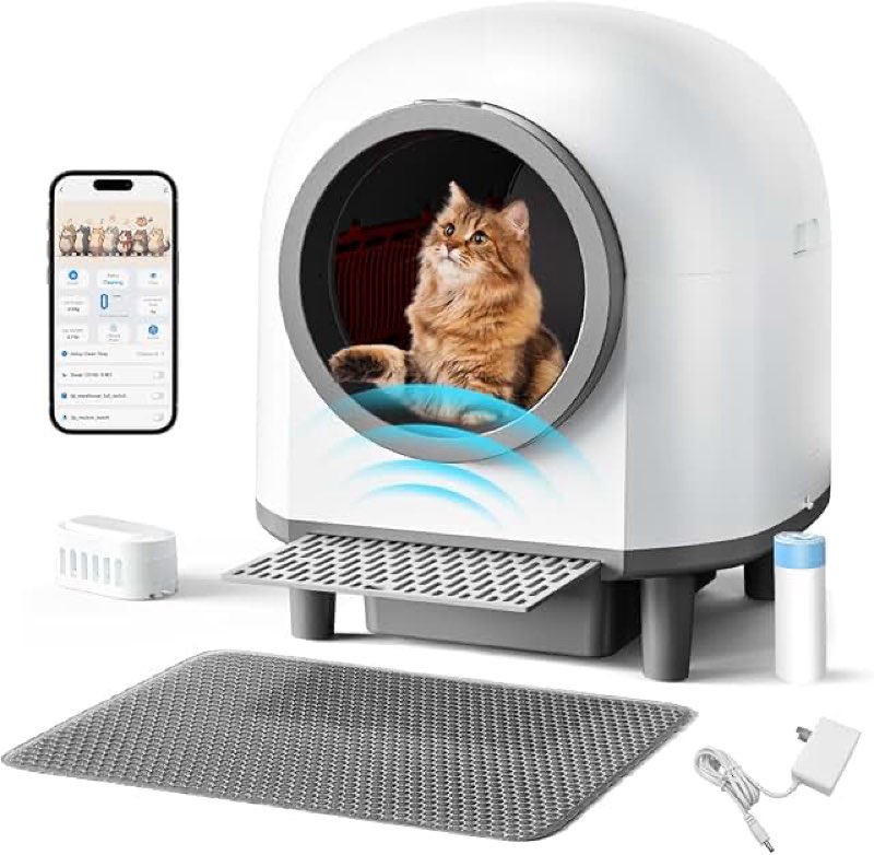 automatic self cleaning litter box for multiple cats 90l large capacity, smart automatic cat litter box with app control, health monitoring, integrated safety sensors, odor removal, mat