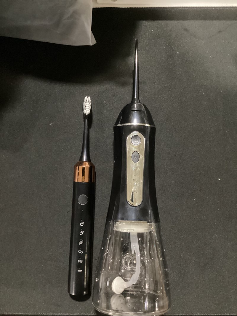 Condition photo showing As Is for electric toothbrush with water flosser for teeth, sonic electric toothbrush and electric floss for adults and kids, water dental picks, cleaning and flossing dental care, waterproof blacks