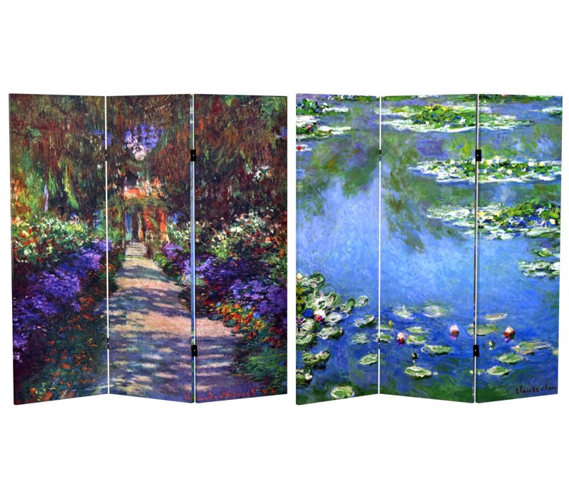 Red Lantern Double Sided Works of Monet Canvas Folding Screen - Lilies/Garden at Giverny, 4 ft. Short