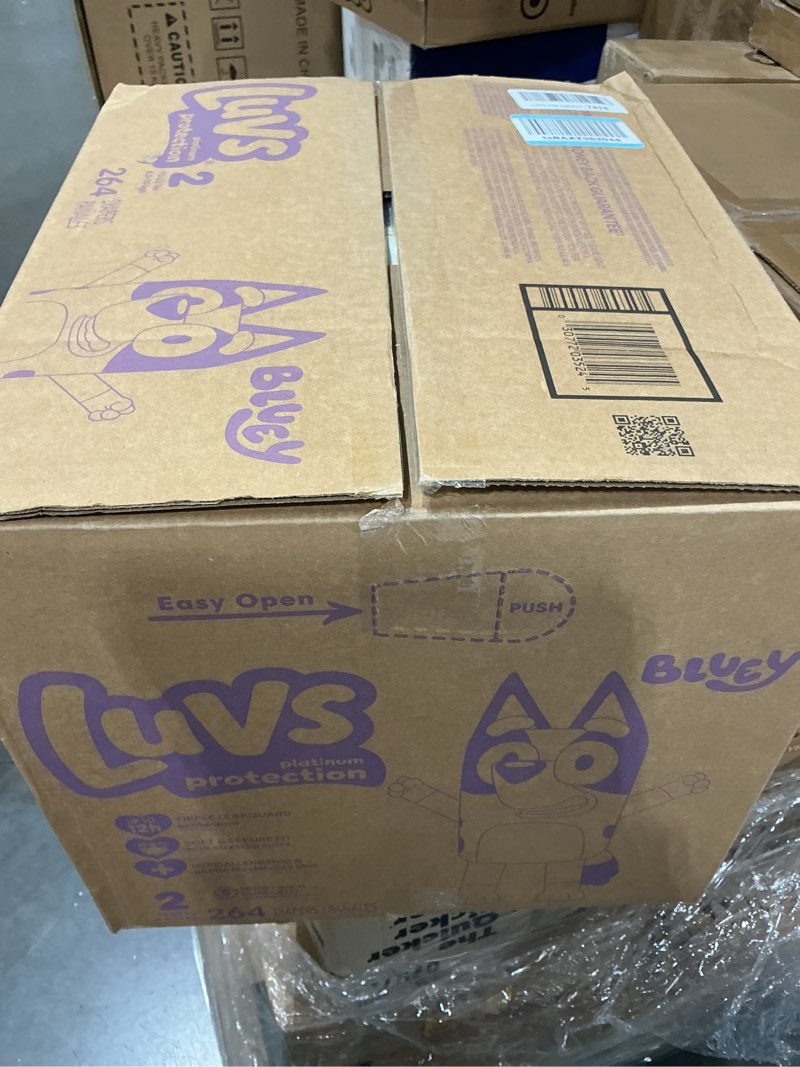 Condition photo showing New/Like New for luvs size 2 baby diapers, platinum protection bluey diapers for day & night, size 2, 264 count (packaging may vary) size 2 264