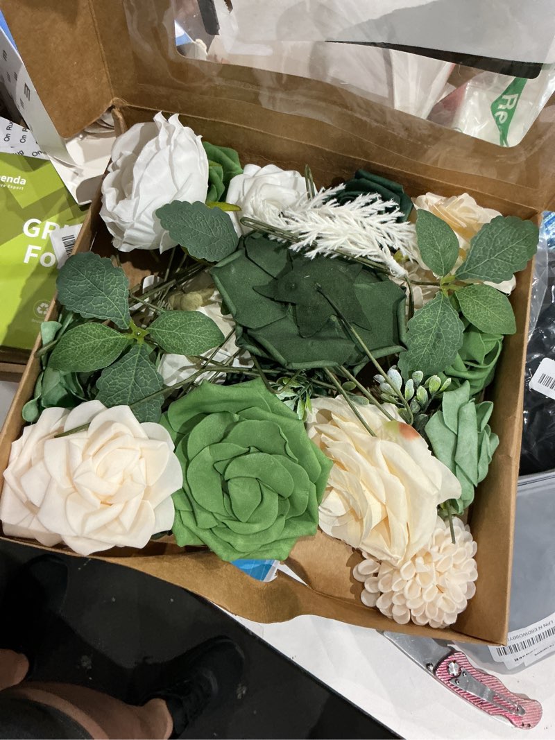 Condition photo showing Good Condition for floroom olive green artificial flowers forest green fake roses peonies dahlia greenery combo box set for diy wedding bouquets bridal shower centerpieces floral arrangement party tables home decoration garden green
