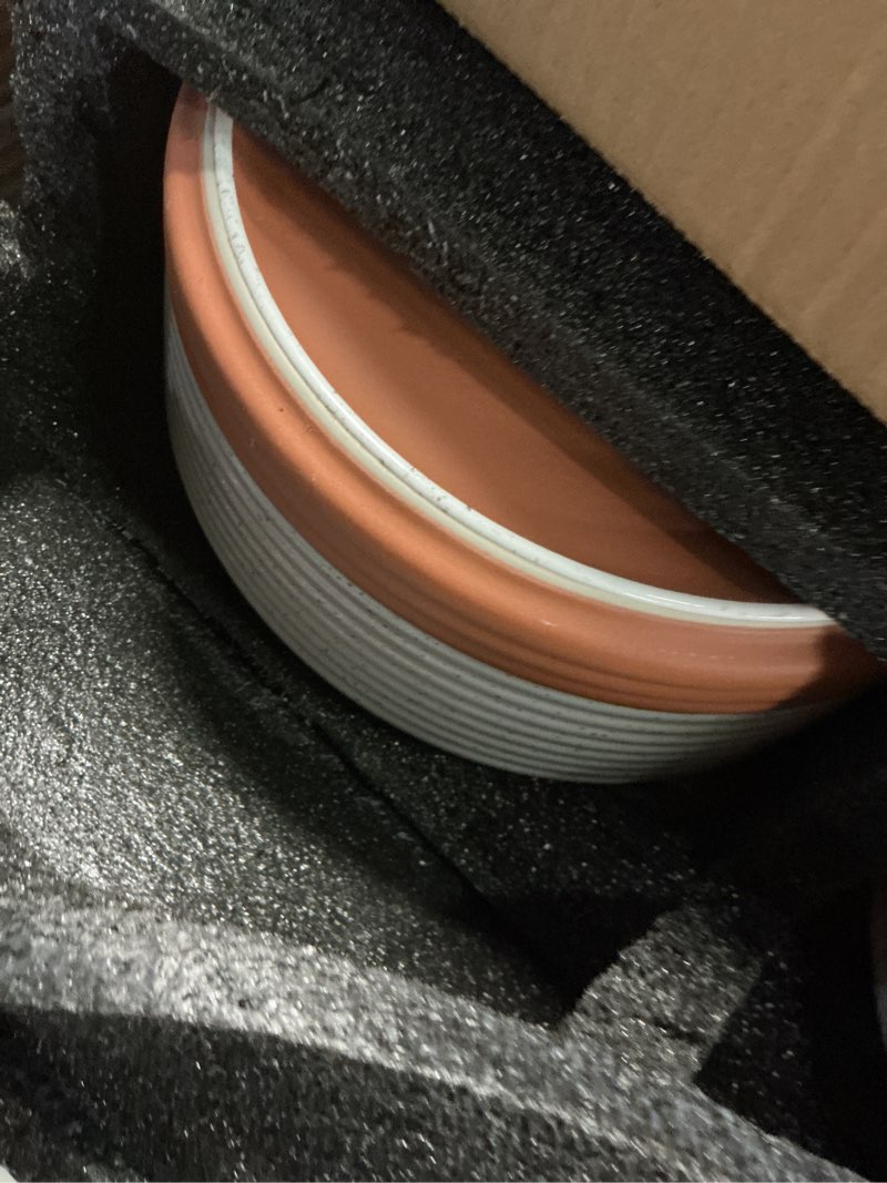 Condition photo showing As Is for Ceramic 8.2inch Raised Double Dog Bowls Set with Acacia Wood Stand, Food & Water Bowls for Large Breed Dogs, Weighted Pet Dishes(60oz, Vanilla White) 7.6CUPS Double Bowls with Stand- Vanilla White