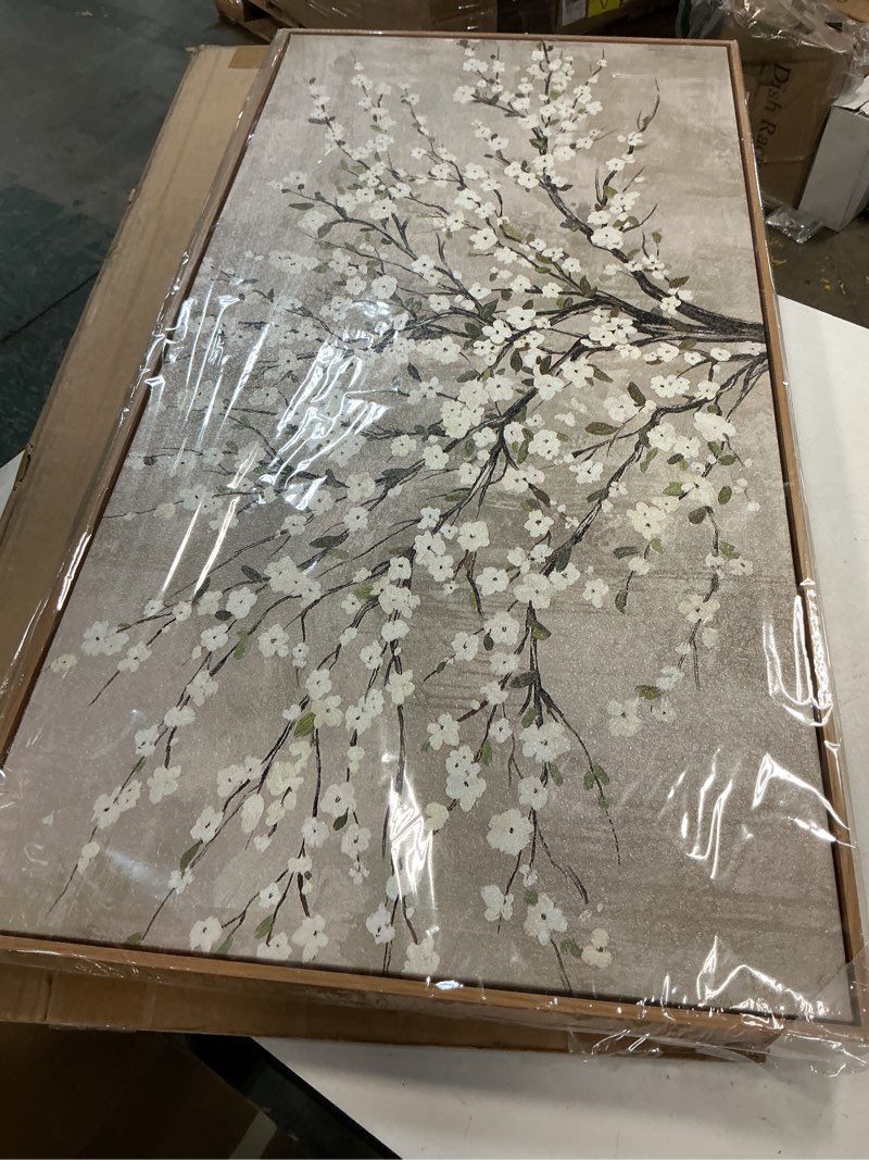 Condition photo showing Good Condition for tigeridge Blooming Flower Tree Framed Wall Art - White Blossoms Green Leaves Canvas Pictures Wall Decor Soft Grey Painting Artwork Elegant Floral Prints Living Room Decor 40 x 20in, Natural Wood Frame White Blooming Flower Tree Framed 40"L x 20"W