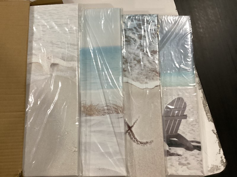 Condition photo showing New/Like New for hardy gallery coastal artwork beach wall art: starfish & chairs on sand painting with word picture on canvas for living room (12” x 12'' x 4 panels) coastal artwork 12" x 12" x 4panels