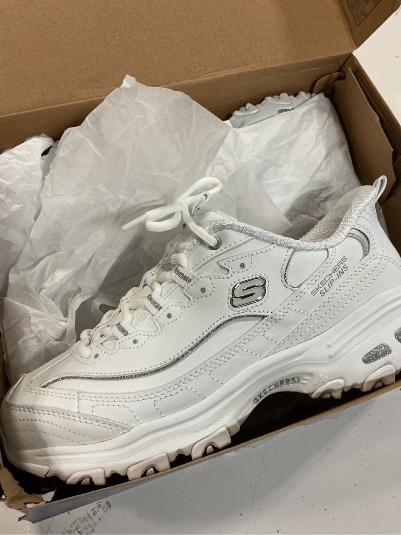 Condition photo showing New/Like New for skechers women's d'lites winning choice hands free slip-ins sneakers 8 wide white/silver