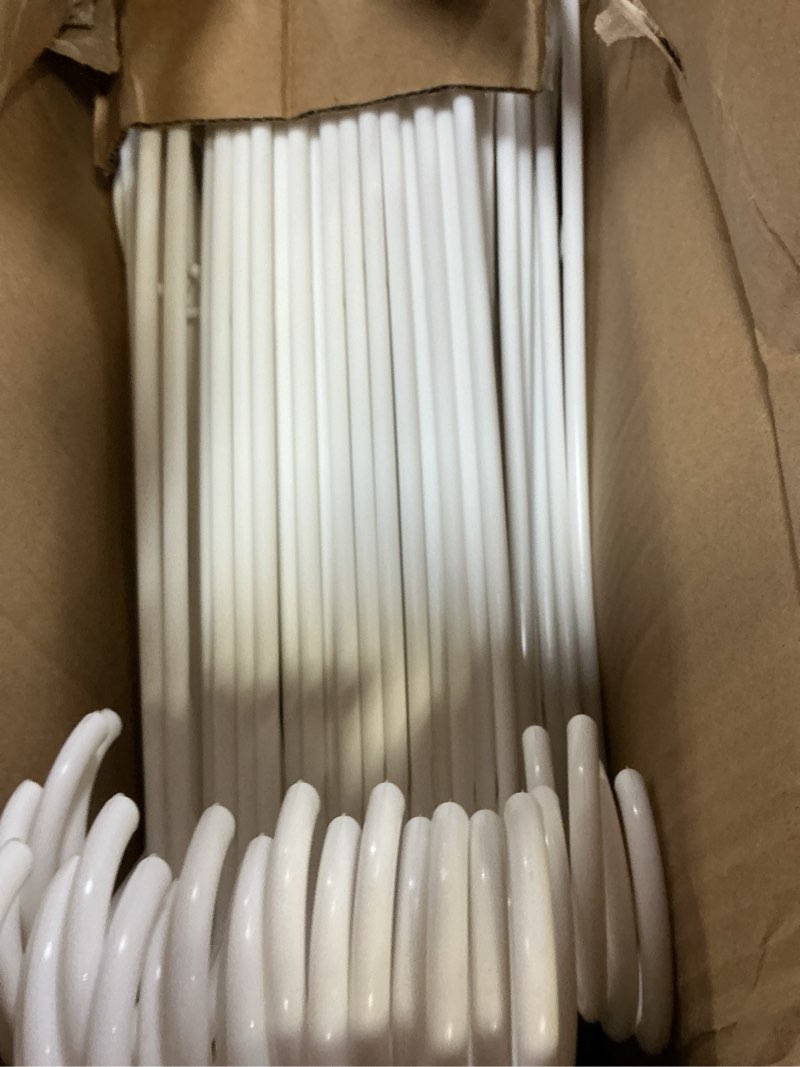 Condition photo showing Good Condition for house day white plastic hangers 50 pack, plastic clothes hangers with built-in hooks, durable and strong plastic coat hangers for closet, space saving clothing hanger for shirts, coats, skirt, dress 50 pack white