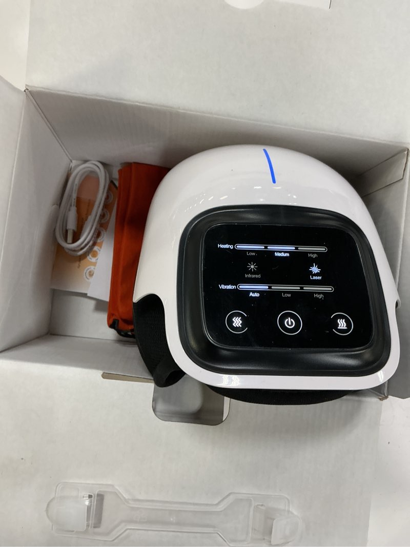 Condition photo showing New/Like New for careella heated knee massager with heat and vibration, cordless rechargeable knee support device, adjustable knee brace with led display, portable comfort for knees with carry bag & extended straps white & orange bag x-large