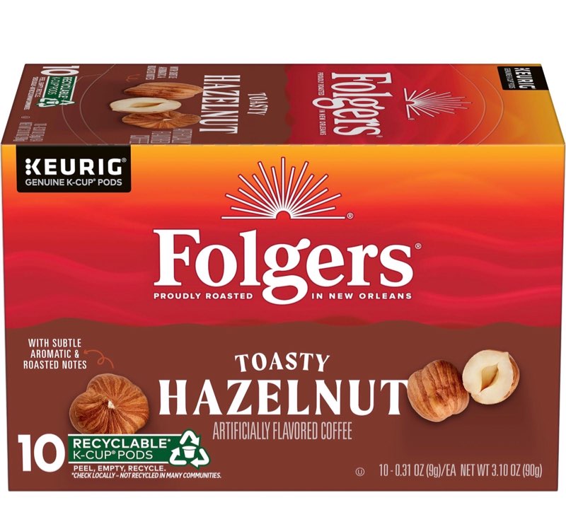  ((Case Pack Of 6 ))Folgers Toasty Hazelnut Artificially Flavored Coffee, Keurig K-Cup Pods, 10 Count Box((BEST IF USED BY/DEC/31/2025))