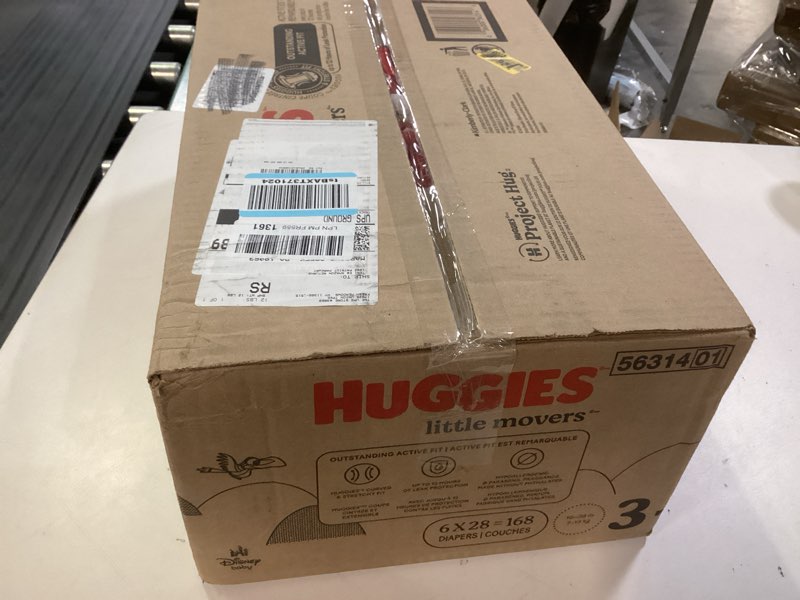 Condition photo showing New/Like New for huggies size 3 diapers, little movers baby diapers, size 3 (16-28 lbs), 168 count (6 packs of 28), packaging may vary