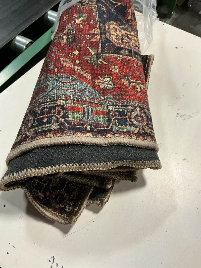 Condition photo showing Good Condition for keen home design 30"x84" rug - machine washable runner rug with non-slip backing, ideal for hallway, entryway, kitchen, laundry room - vintage, easy clean, durable, low pile rug - (2'6" x 7') 2'6" x 7' (runner) navy blue/red