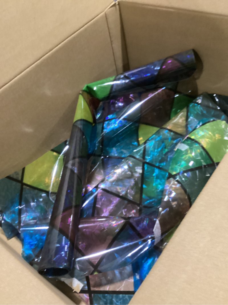 Condition photo showing As Is for haton stained glass window film, rainbow window privacy film, decorative sun blocking glass clings stickers, static cling colorful lattice coverings decals for home door 17.5" x 78.7" 17.5" x 78.7" rainbow