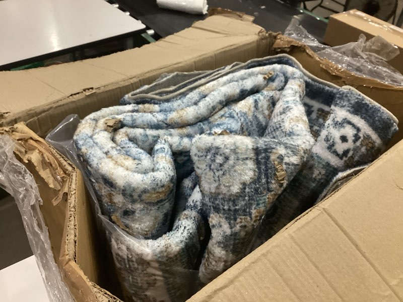 Condition photo showing As Is for oppodream vintage blue area rugs 8x10, 8 x 10 retro washable rug non slip, low-pile faux wool carpet, distressed navy floor mat for living room, bedroom, office, dorm, dinning room, big & large blue rectangular 8' x 10' (rectangular)