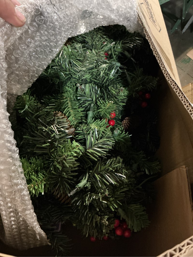 Condition photo showing Good Condition for best choice products 7.5ft pre-lit spruce pencil christmas tree pre-decorated w/twinkling led lights holiday decoration w/ 350 lights, 1,075 tips, pine cones, metal hinges & base - green