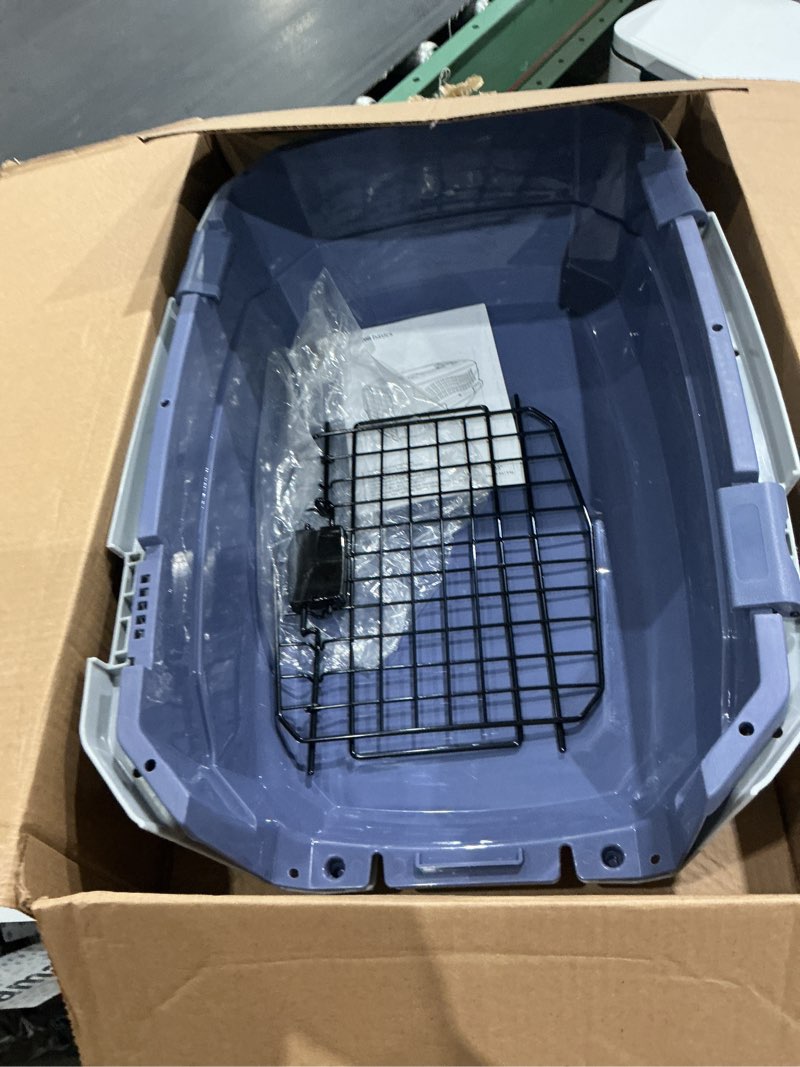 Condition photo showing As Is for amazon basics sturdy portable 2-door top-load hard-sided pet travel carrier with secure ventilation, handle, front & top entry for dogs, cats, 22.8"l x 15"w x 13"h, gray & blue gray & blue 22.8"l x 15.0"w x 13.0"h