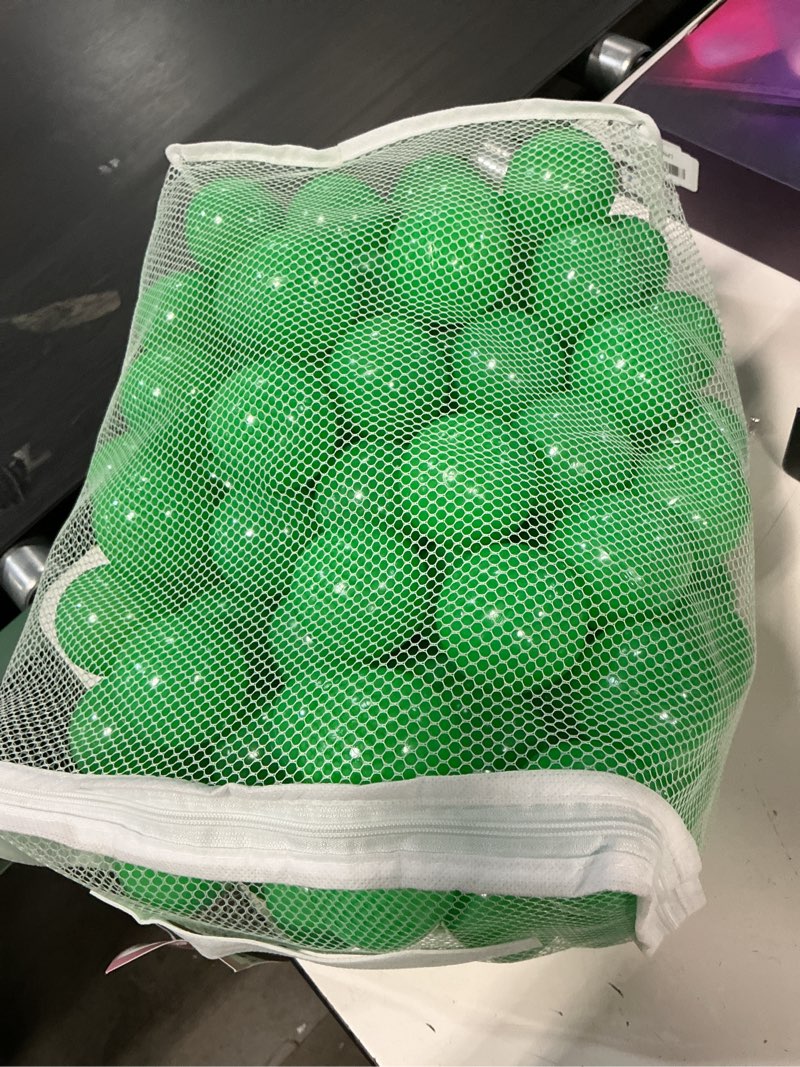 Condition photo showing New/Like New for ball pit balls for kids, plastic refill 2.2 inch balls, 100 pack, bright colors, phthalate and bpa free, includes a reusable storage bag with zipper green