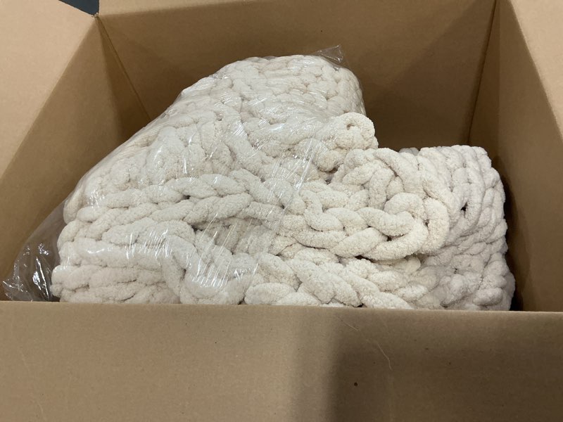 Condition photo showing As Is for Admitrack Chunky Knit Blanket Throw 51"x63", 100% Hand Knit Chenille Throw Blanket for Sofa & Home Decor, Soft and Cozy Knitted Throw Blankets (Ivory?51"x63") Ivory 51"×63"