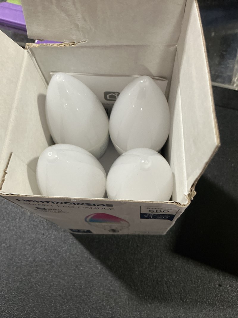 Condition photo showing Good Condition for lightinginside e12 smart light bulbs 60w equiv., work with alexa/google home/smartlife, 500lm 6w rgbcw candle candelabra led bulbs, no hub required, 2.4g wifi & ble chandelier bulb, etl listed, 4pcs 4 count (pack of 1) multicolor