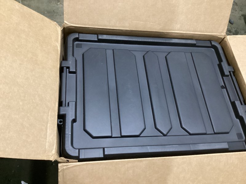Condition photo showing As Is for iris usa 20 gallon lockable storage bins with lids, 6 pack - made in usa, heavy duty, stackable containers, garage organizing bins moving tubs, rugged sturdy equipment utility box - black black 20 gal 6 pack