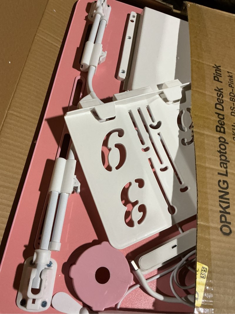 Condition photo showing As Is for Lap Desk for Bed Adjustable Height, Foldable Bed Table with Storage Drawer, Tablet Slot & Cup Holder, Portable Laptop Stand for Bed & Sofa, Bed Desk for Adults & Kids, Pink