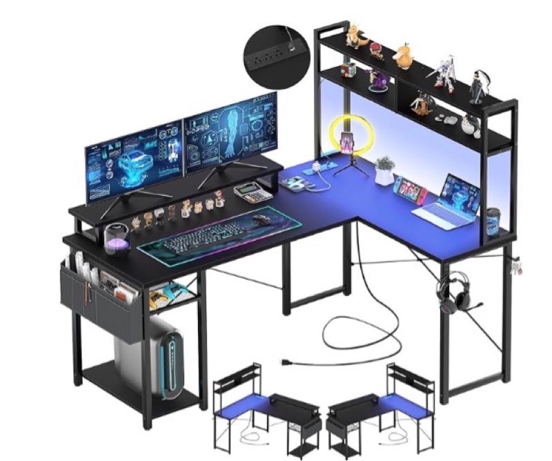 Product incomplete and used, Aheaplus Small L Shaped Gaming Desk with LED Lights & Power Outlets, Reversible L-Shaped Computer Desk with Monitor Stand & Storage Shelf, Corner Desks Home Office Desk with Storage Bag, Black