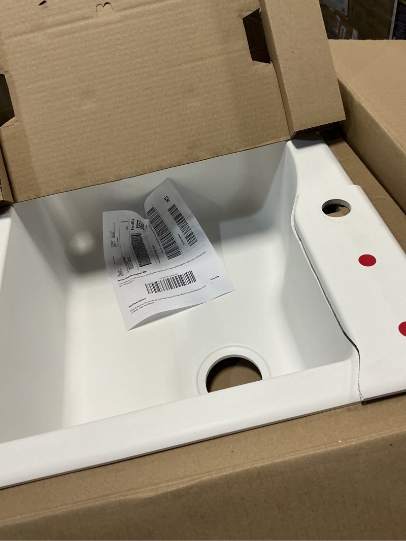 Condition photo showing As Is for kraus quarza 25-inch drop-in/undermount single bowl granite kitchen sink in white. kgd-441white sink white