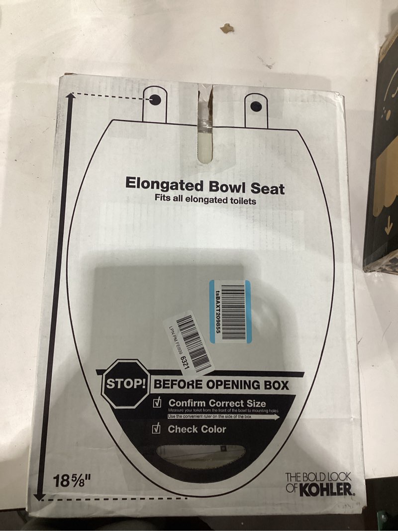 Condition photo showing New/Like New for KOHLER K-7315-96 Cachet Quick-Release Elongated Toilet Seat, Quick Attach Hardware, Easy to Clean, Color-Matched Plastic Hinges, Biscuit Elongated Biscuit