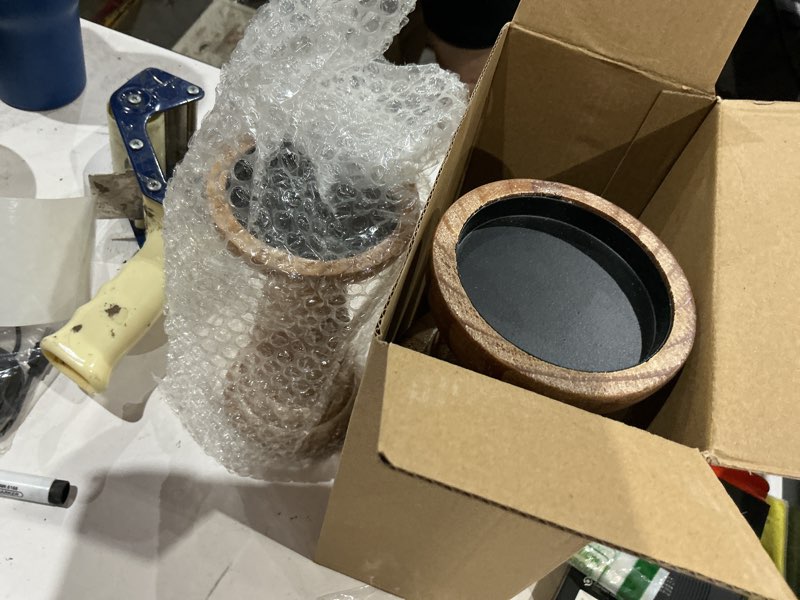 Condition photo showing As Is for candle holder for pillar candle set of 3, farmhouse wood candle holder, rustic wooden candle stand, vintage small wooden candlestick holdersdecorative for living room, table centerpiece (brown) washedbrown set of 3