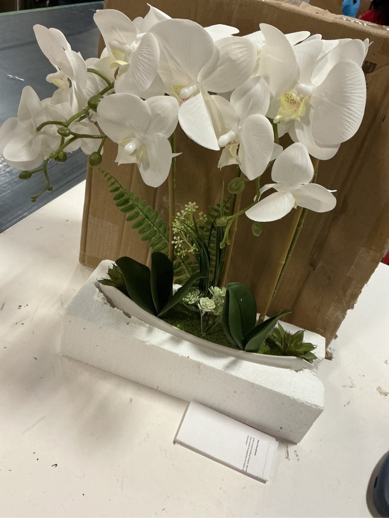 Condition photo showing Good Condition for briful orchid artificial flowers 18in white fake orchid silk flowers with ceramic pot faux orchid arrangement for home office room coffee table centerpiece modern decoration white#1