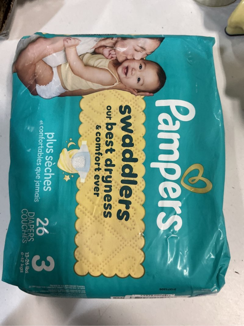 Condition photo showing New/Like New for pampers swaddlers diapers, size 3 (13-26 lbs), 26 count, absorbent, keeps baby dry and comfortable, skin safe disposable baby diaper (packaging may vary) size 3 26