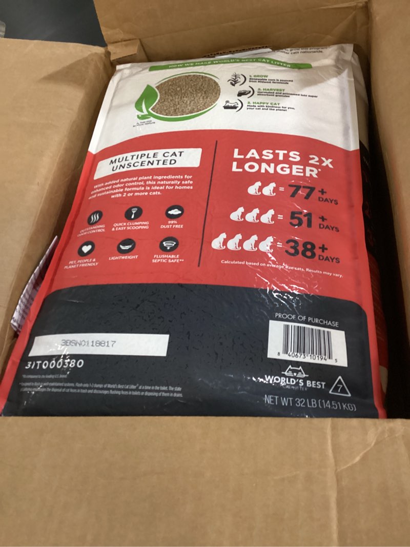 Condition photo showing New/Like New for world's best cat litter multiple cat unscented, 32-pounds - natural ingredients, quick clumping, flushable, 99% dust free & made in usa - long-lasting odor control & easy scooping