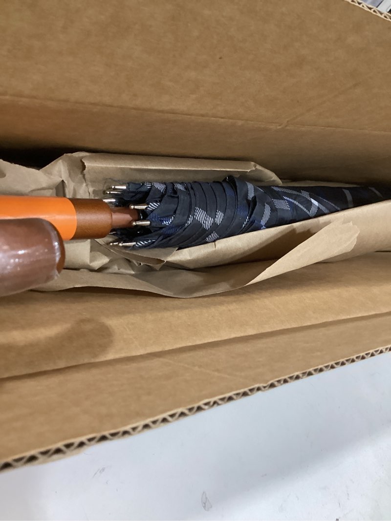 Condition photo showing New/Like New for totes eco auto open umbrella classic wooden j stick handle with easy grip - windproof, rainproof and durable canopy design – versatile travel, perfect for rainy days black blue white check