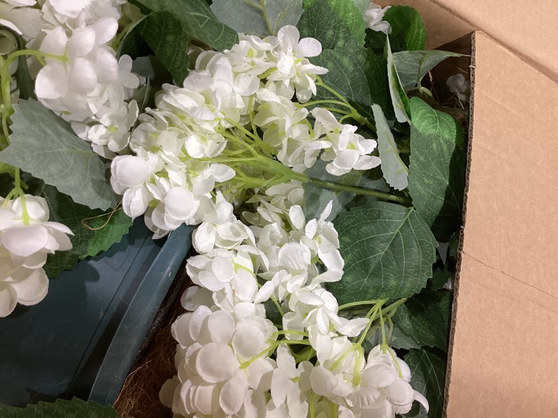 Condition photo showing As Is for faux hydrangea tree – 30 inch hydrangea tree artificial with white flowers, uv resistant outdoor hydrangea artificial plants in pot for indoor outdoor home porch decor (2 pack)