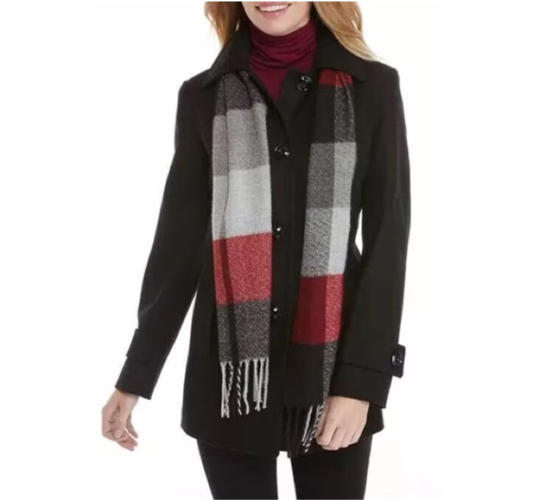London Fog Women's Single-Breasted Wool Coat with Scarf, Black, XL