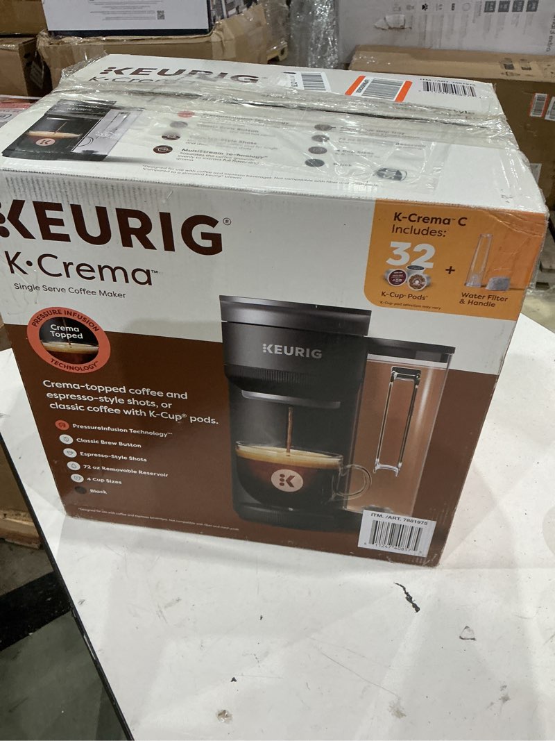 Condition photo showing As Is for keurig k-crema single serve coffee maker