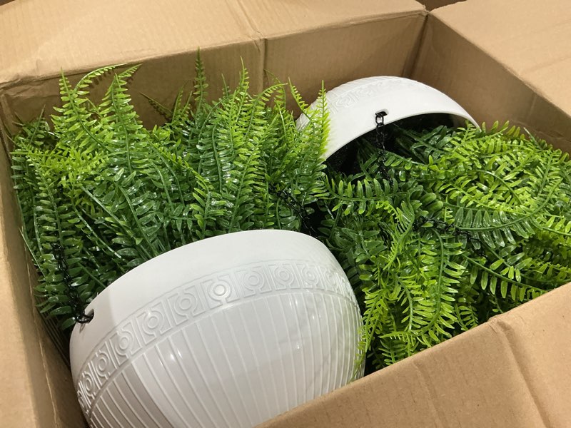 Condition photo showing New/Like New for set of 2 artificial hanging ferns for outdoors, pre-made hanging ferns for outdoors faux greenery plant large look real resistant uv resistant for indoor balcony front porch yard garden decor