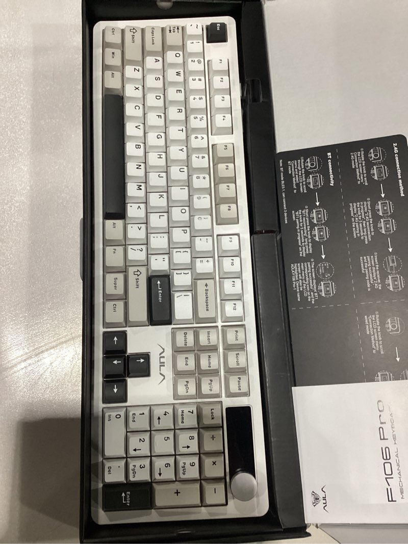 Condition photo showing As Is for AULA F106PRO Wireless Keyboard, Full Size Mechanical Keyboard with Media Knob & Screen, 8000mAh Battery Hot Swappable Custom PBT keycaps Gaming Keyboard - Blaze Switch,Black White Grey Black&White&Grey