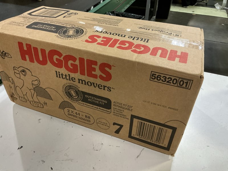 Condition photo showing New/Like New for huggies size 7 diapers, little movers baby diapers, size 7 (41+ lbs), 88 count (2 packs of 44), packaging may vary