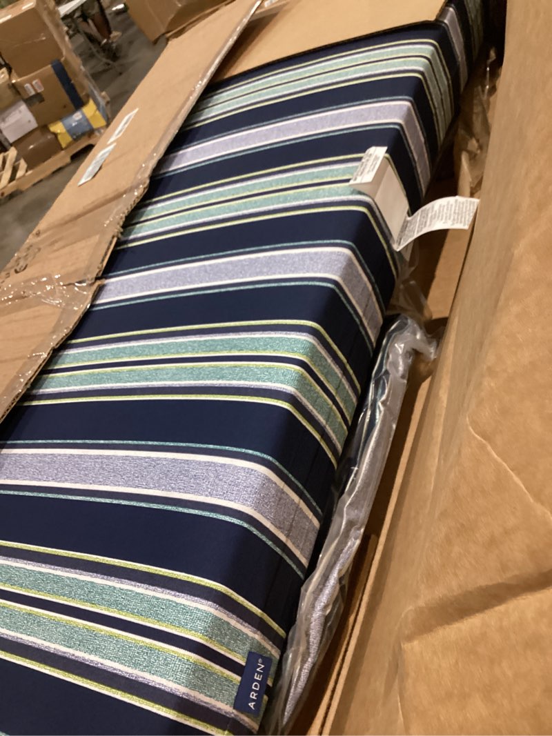 Condition photo showing Good Condition for arden outdoor loveseat cushion set, 48 x 24, rain-proof, fade resistant, cushion set for couch, bench, and swing sapphire aurora blue stripe