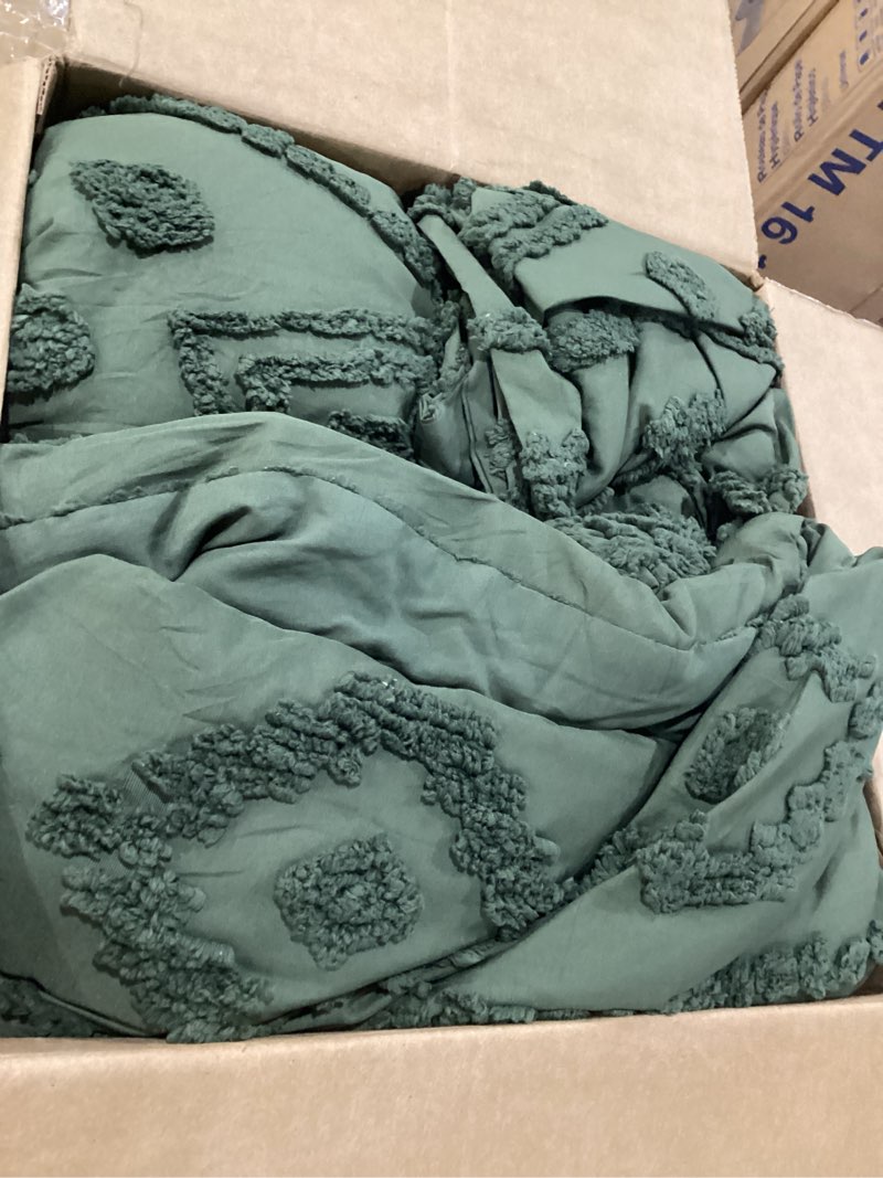 Condition photo showing Good Condition for bedsure boho tufted green comforter king size, gentlesoft™ 3 pieces boho farmhouse-style decor bedding, exquisite bedding for all seasons, 1 bed comforter, 2 pillow shams, 104x90 inches king (104" x 90") 03 - distressed vintage dark green