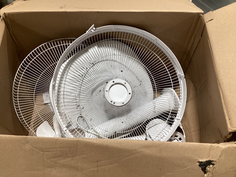 Condition photo showing As Is for amazon basics 16-inch quiet dc motor standing floor fan for bedroom, 12 speed with remote, 3 breeze modes, adjustable height, dual-layered blades, timer, energy efficient (28w), white 12-speed, dc motor