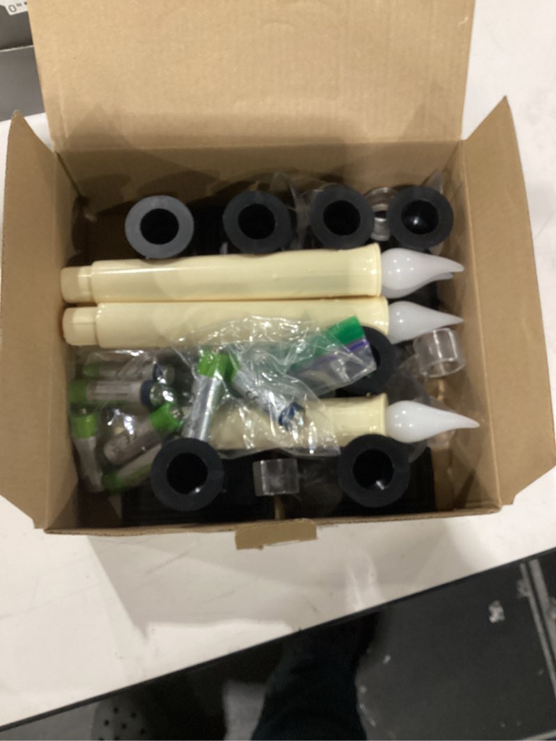 Condition photo showing As Is for Enhon 6 Pack Battery Operated LED Window Candles, Dusk to Dawn Light Sensor, with Black Holders and Suction Cups, Ivory Christmas Window Candles, Amber Flicker Flame (Batteries AA Included)